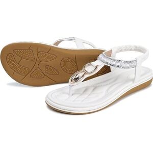 Shibever Women's Bohemian T-Strap Casual Sandals -‎ White - Size 42 (US 10)